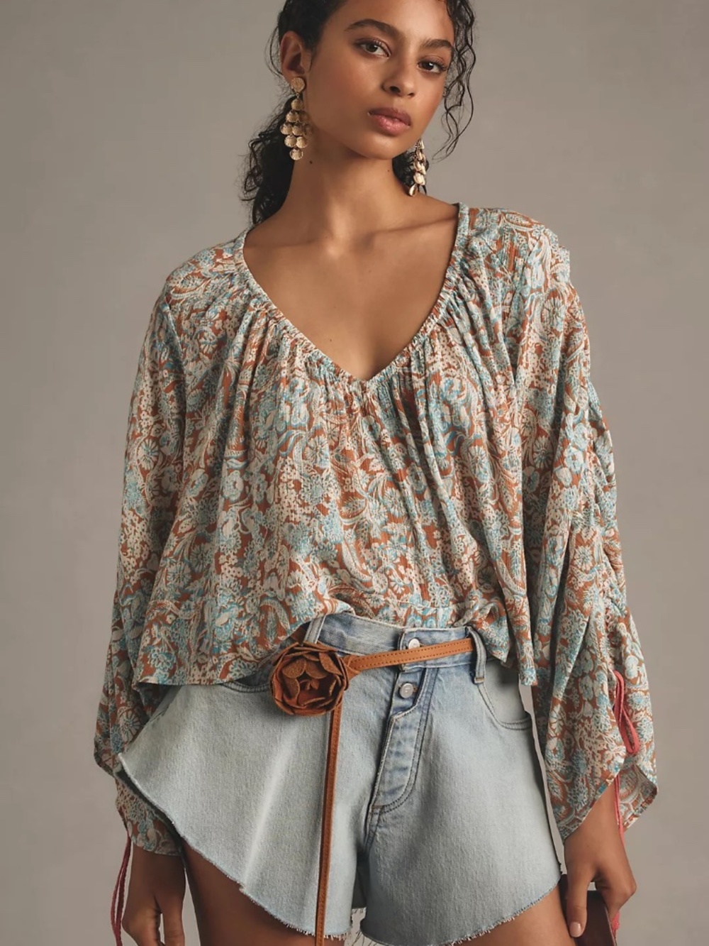 NWT Anthropologie Long sleeve Shirred Boho Fall Blouse S
